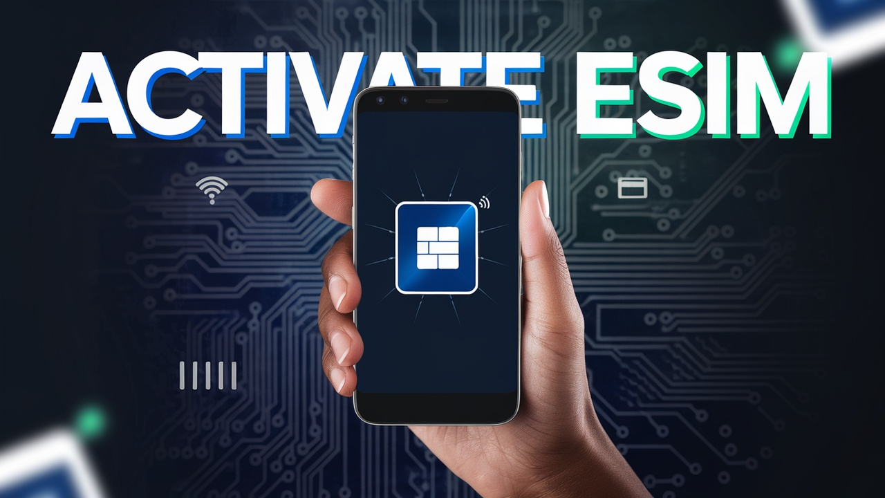 Main Title: Large, bold text reading "ACTIVATE eSIM" in white font with a blue outline, positioned at the top of the thumbnail Main Image: A hand holding a modern Android smartphone, screen facing the viewer, displaying an eSIM activation screen Background Elements: Faded circuit board pattern in the background, subtle tech-related icons (Wi-Fi symbol, signal bars, SIM card outline) floating around the edges Color Scheme: Predominantly blue and white color scheme, with accents of green to represent success and activation. Overall mood is modern, tech-savvy, and straightforward Subtitle: Smaller text below the main title reading "Step-by-Step Guide" in white, with a semi-transparent black background for contrast Visual Focus: The smartphone screen showing the eSIM activation process, conveying simplicity and user-friendliness to encourage viewers to learn the process